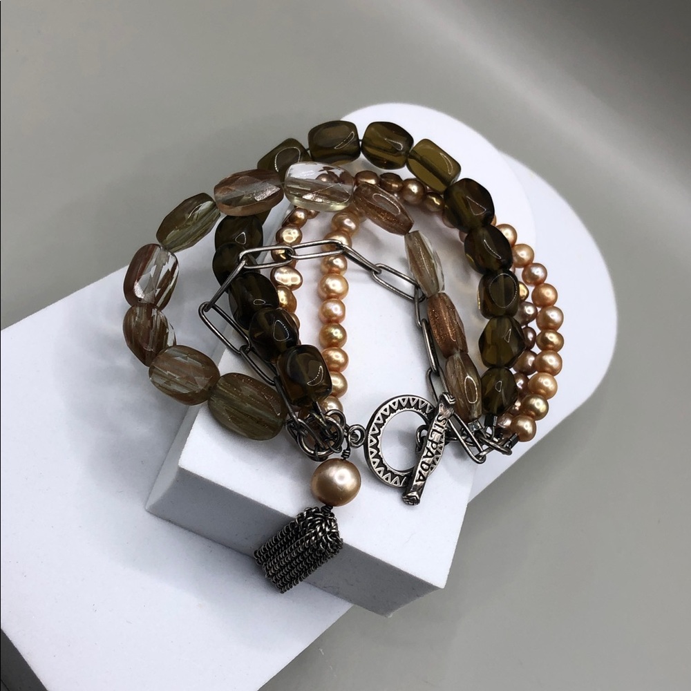 Silpada multi layer cultured pearls gemstones sterling silver tassel bracelet.